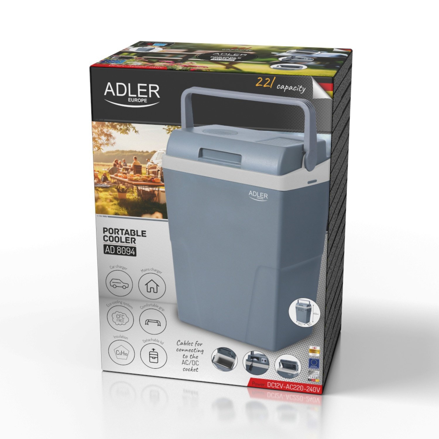 Автомобильный холодильник Adler AD 8094, серый, 22л, 230/12V, функция охлаждения