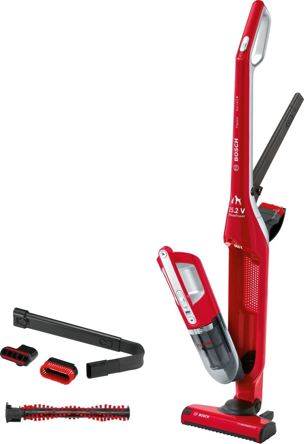 Aspirator vertical Bosch BBH3ZOO25, 0.4l, 25.2V, autonomie max 55 min, RobustAir, rosu-negru