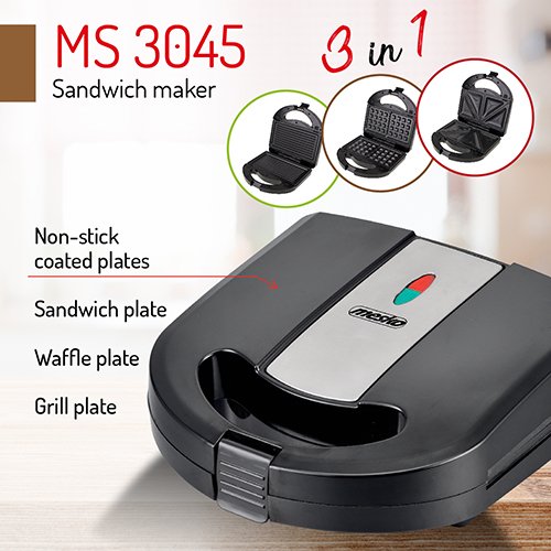 Сэндвичница 3 в 1 Mesko MS 3045, для бутербродов, для вафель, для барбекю