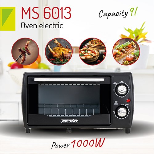 Электрическая печь Mesko MS 6013, 1000Вт, 250 градусов, 9л, Таймер, Гриль, Черный