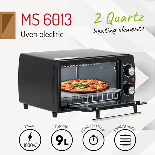 Электрическая печь Mesko MS 6013, 1000Вт, 250 градусов, 9л, Таймер, Гриль, Черный