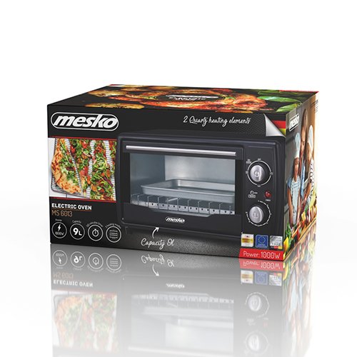 Электрическая печь Mesko MS 6013, 1000Вт, 250 градусов, 9л, Таймер, Гриль, Черный