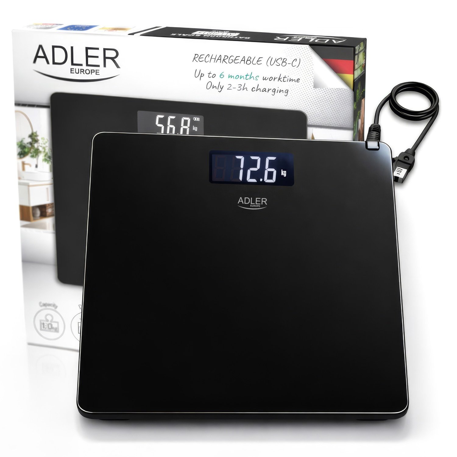 Напольные весы Adler AD 8194,USB-C, перезаряжаемые, 180 кг, точность 100 г.