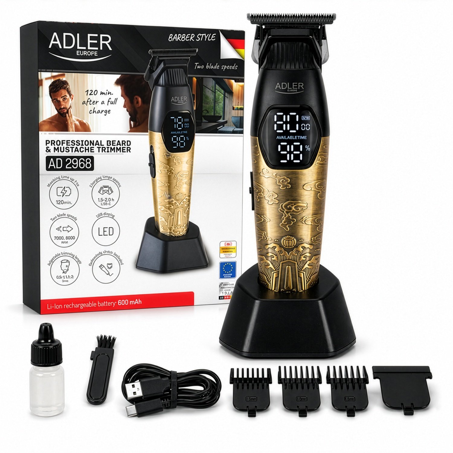 Триммер для бороды и усов Adler AD 2968, USB-C, 2 скорости, 3 насадки-гребня, светодиодный дисплей